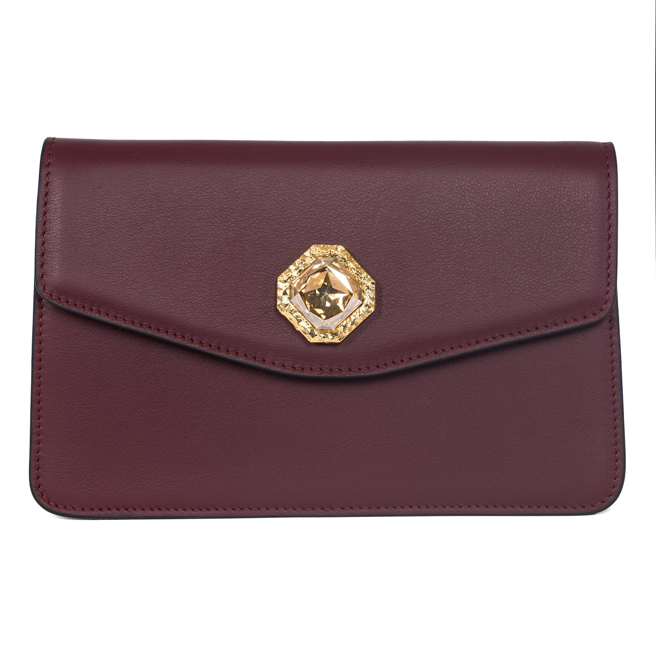 Bordeaux Leather Clutch  With Custom Swarovski Stone