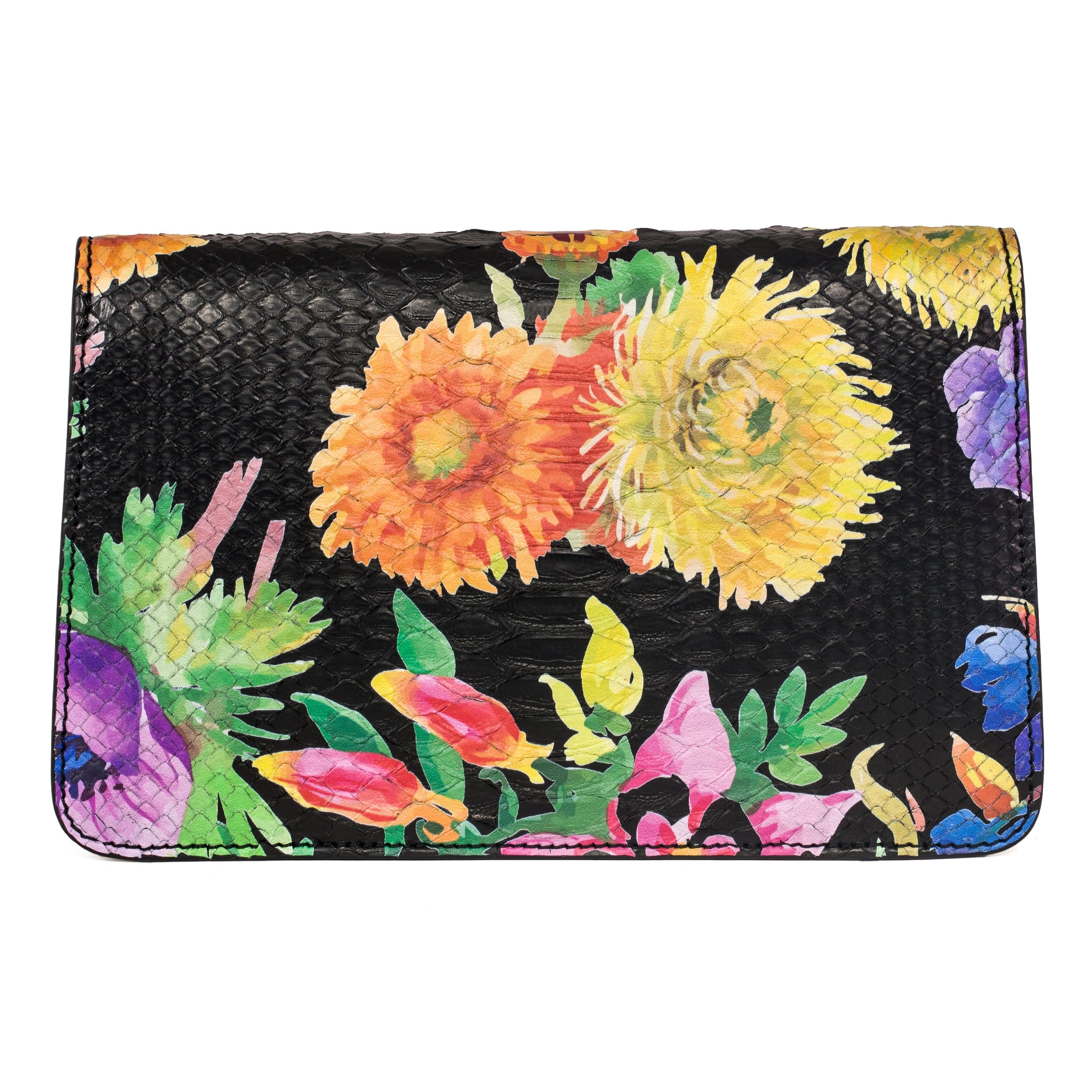 Custom Floral Black Python Clutch  With Custom Swarovski Stone