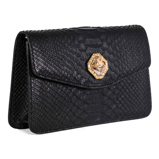 Black Python Clutch with Custom Swarovski Stone