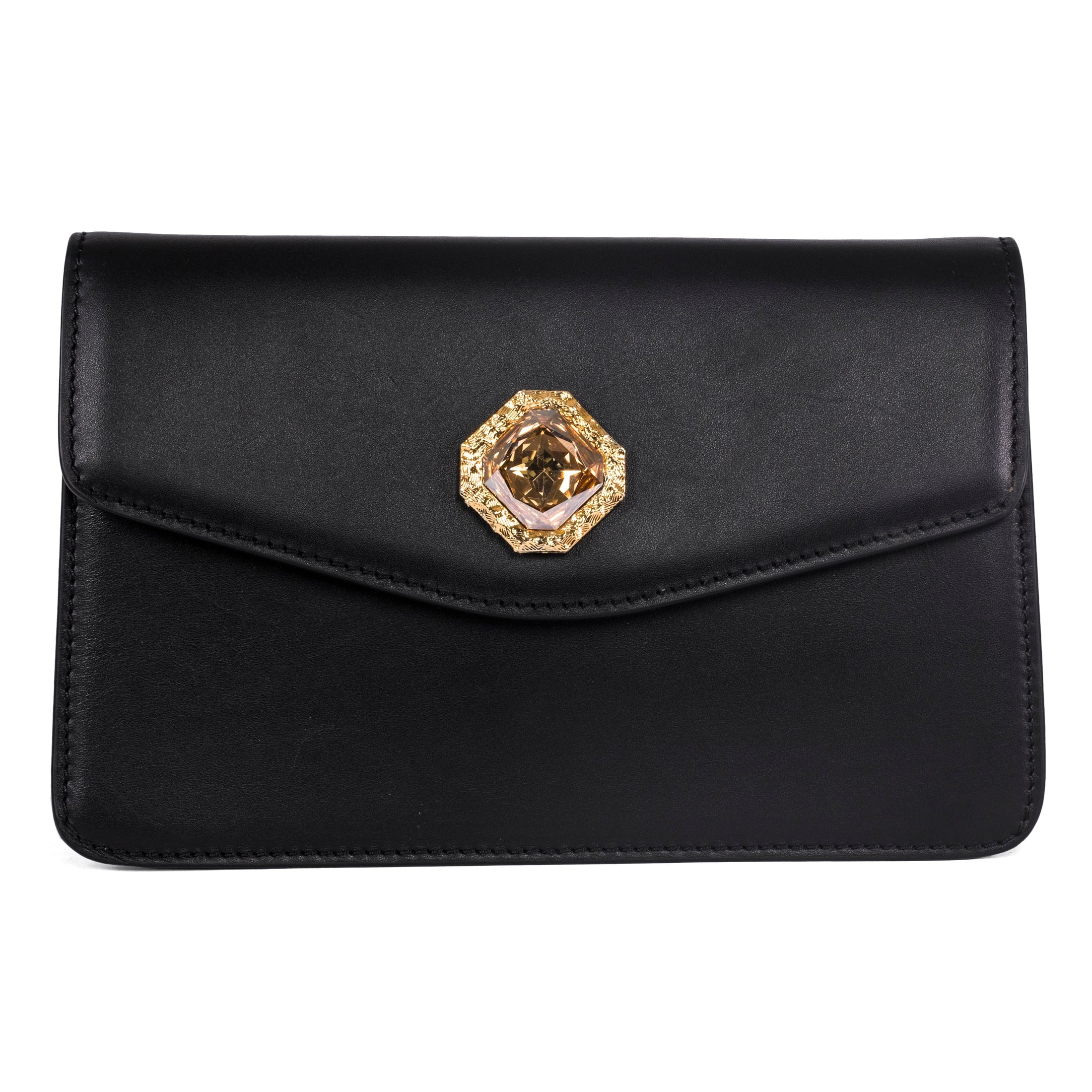 Black Leather Clutch With Custom Swarovski Stone