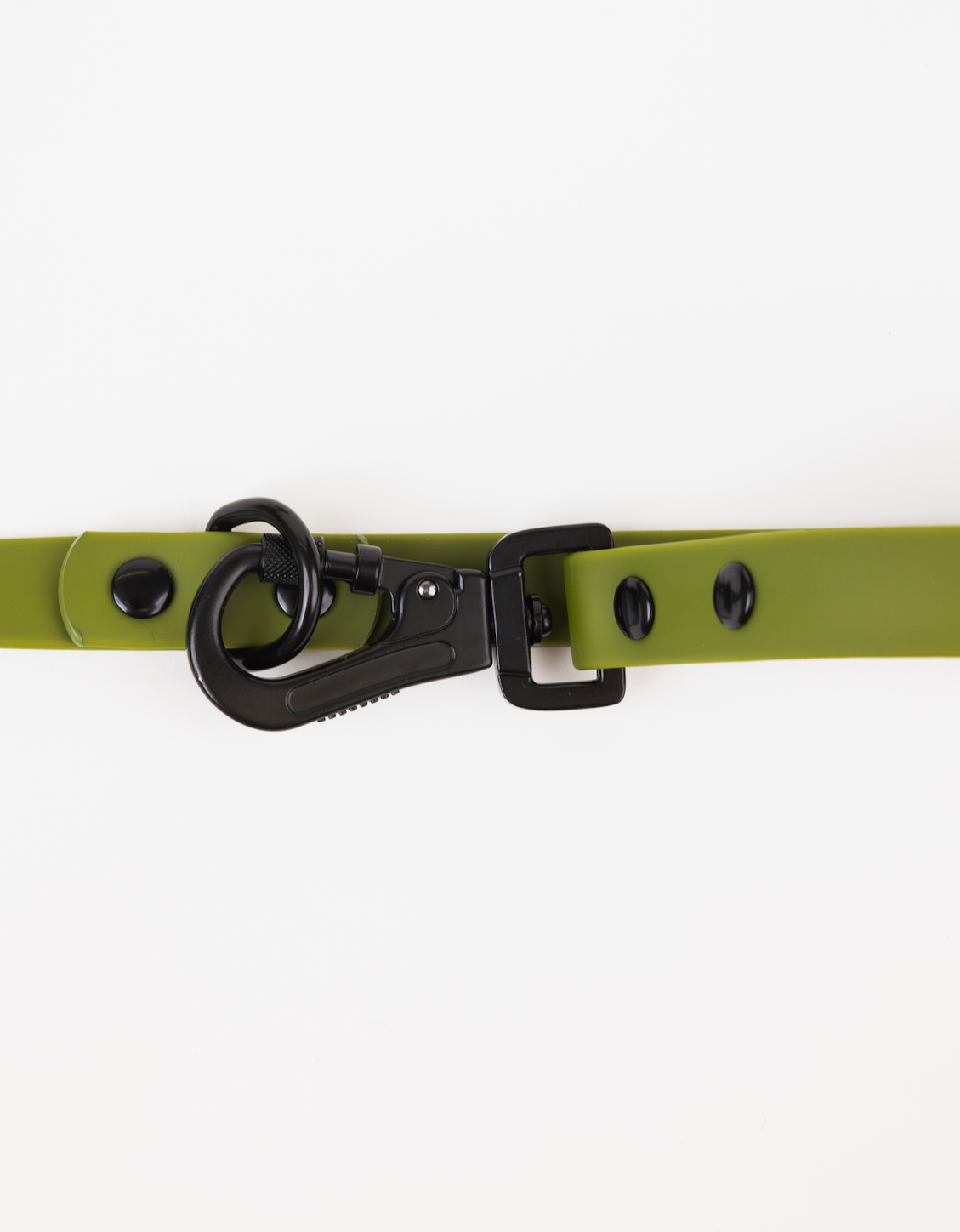 Olive green adjustable dog leash with a black metal clip and buckle, featuring black button accents.
