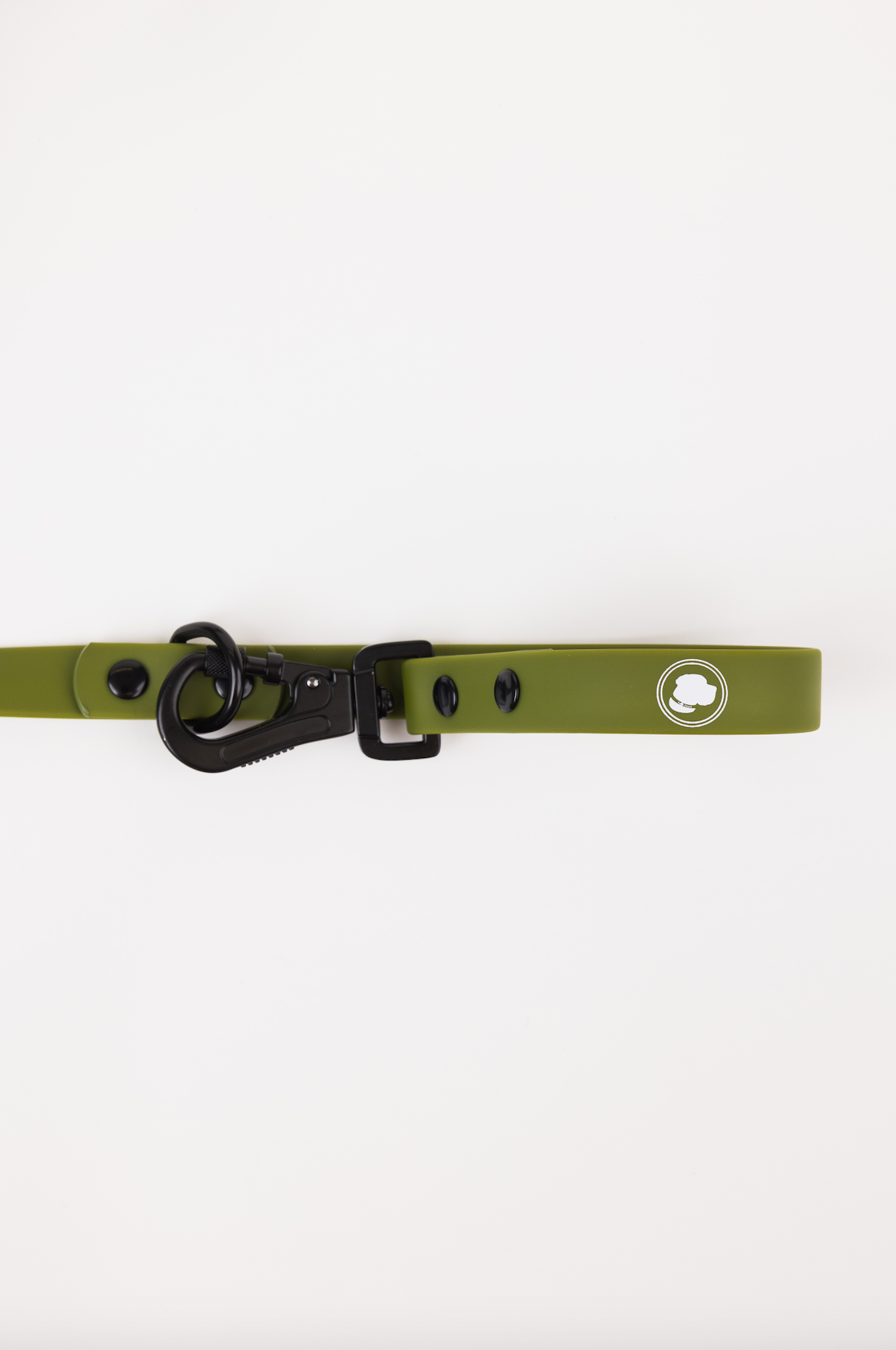 Olive green adjustable dog leash from The Modern Dog Company with a black clip and logo. Ideal for pet walking.