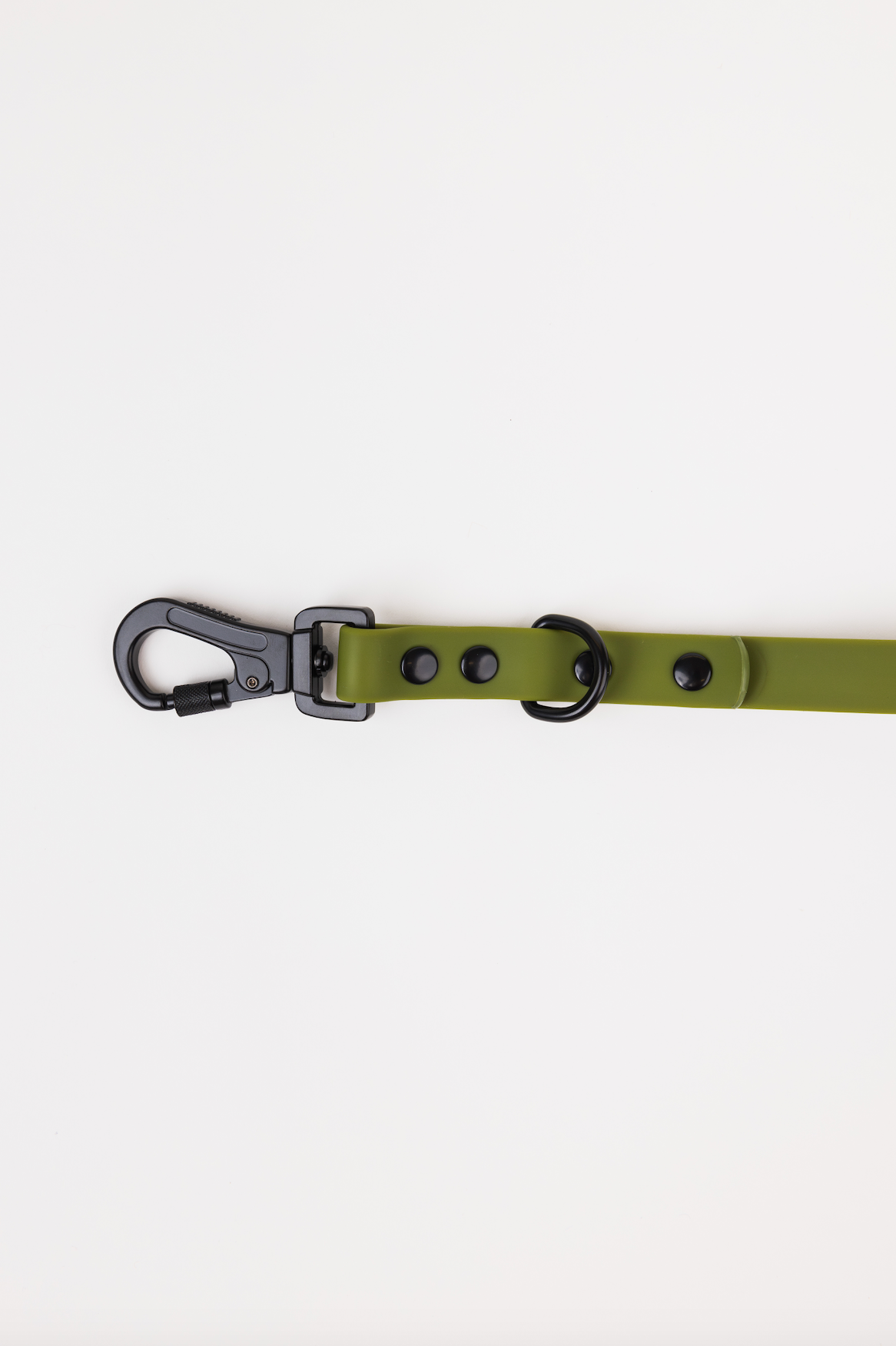 Olive green adjustable dog leash with a black clip and hardware, featuring multiple adjustment points.