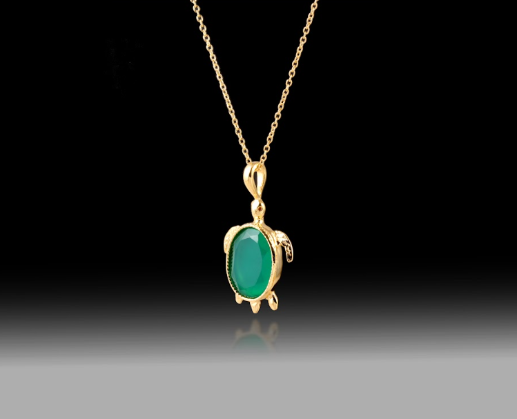 Green Onyx Turtle Necklace- 925 Sterling Silver