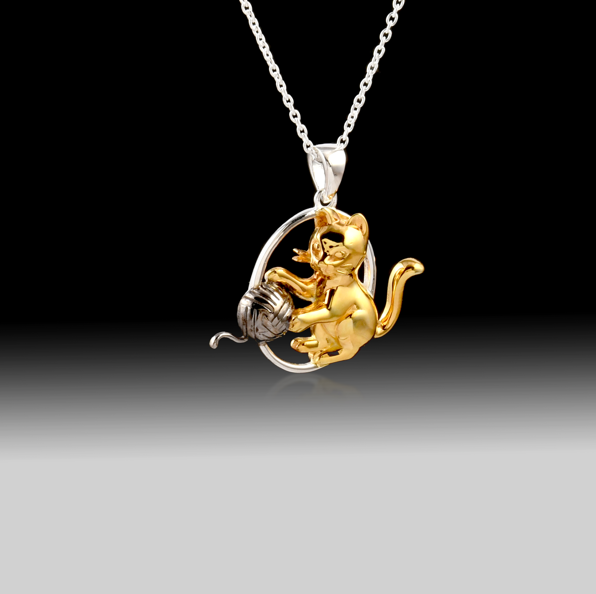 Cat and Yarn Necklace- 925 Sterling Silver 18k Gold Plated