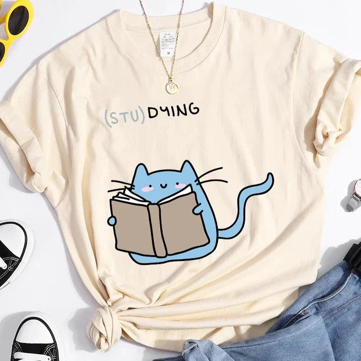 "(STU)DYING" Cat Graphic T-Shirt 