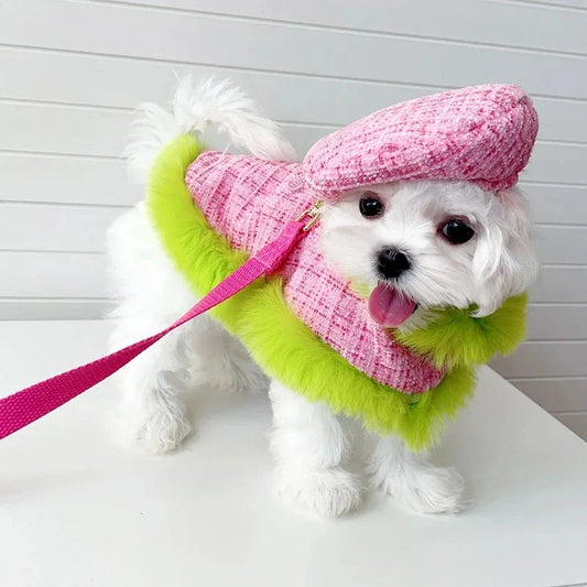 Tres Chic Pink & Lime Tweed Coat, Hat & Leash Set