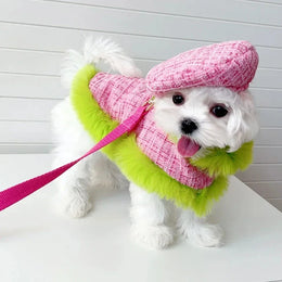Tres Chic Pink & Lime Tweed Coat, Hat & Leash Set