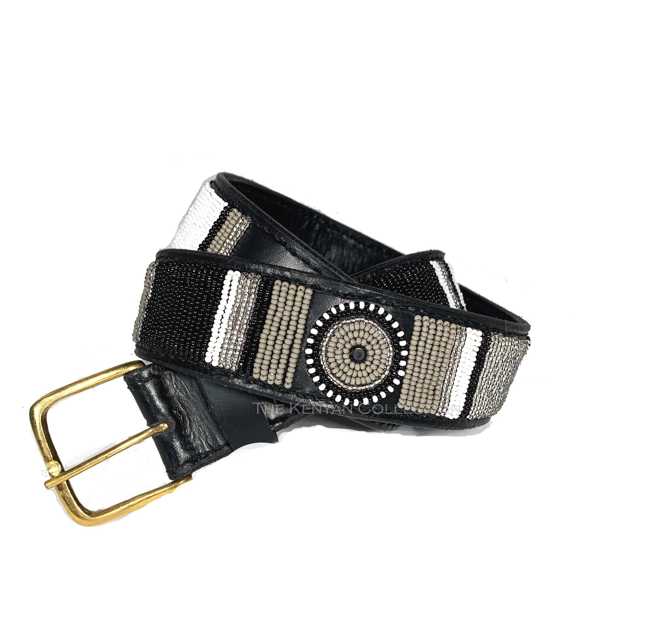 Wide-width TKC Shades of Grey belt by Southlake Paws featuring a brass buckle and intricate beadwork in black, grey, and whit