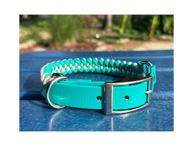 Fishtail Hand Braided Dog Collar in Teal & Cream - Southlake Paws