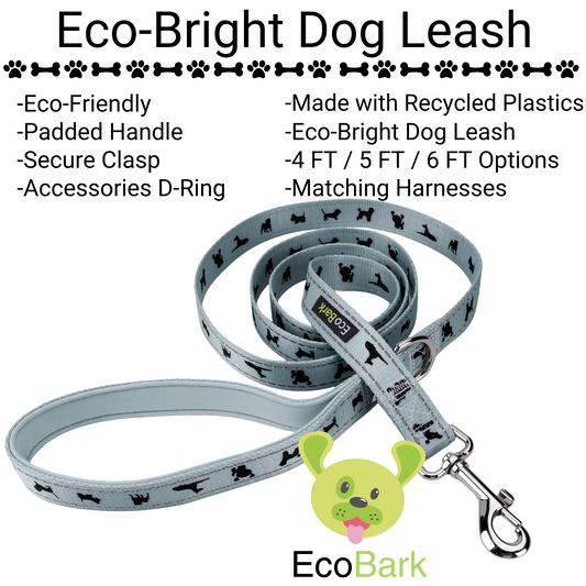 EcoBark Gray Dog Leash featuring a padded comfort grip, secure clasp, and eco-friendly materials. Available in 4ft, 5ft, and 