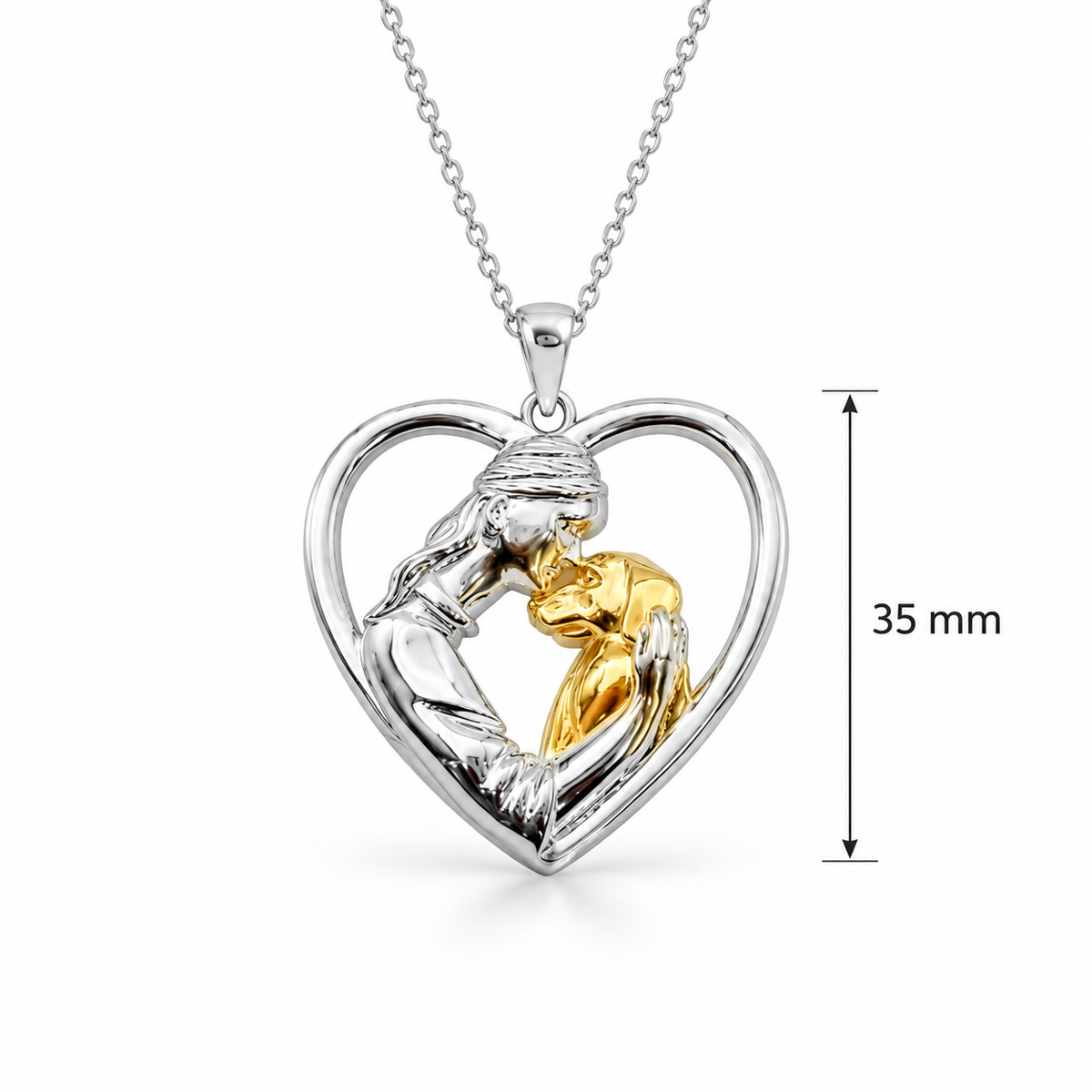 Girl Hugging Dog Heart Shaped Pendant- 925 Sterling Silver Two Toned Piece