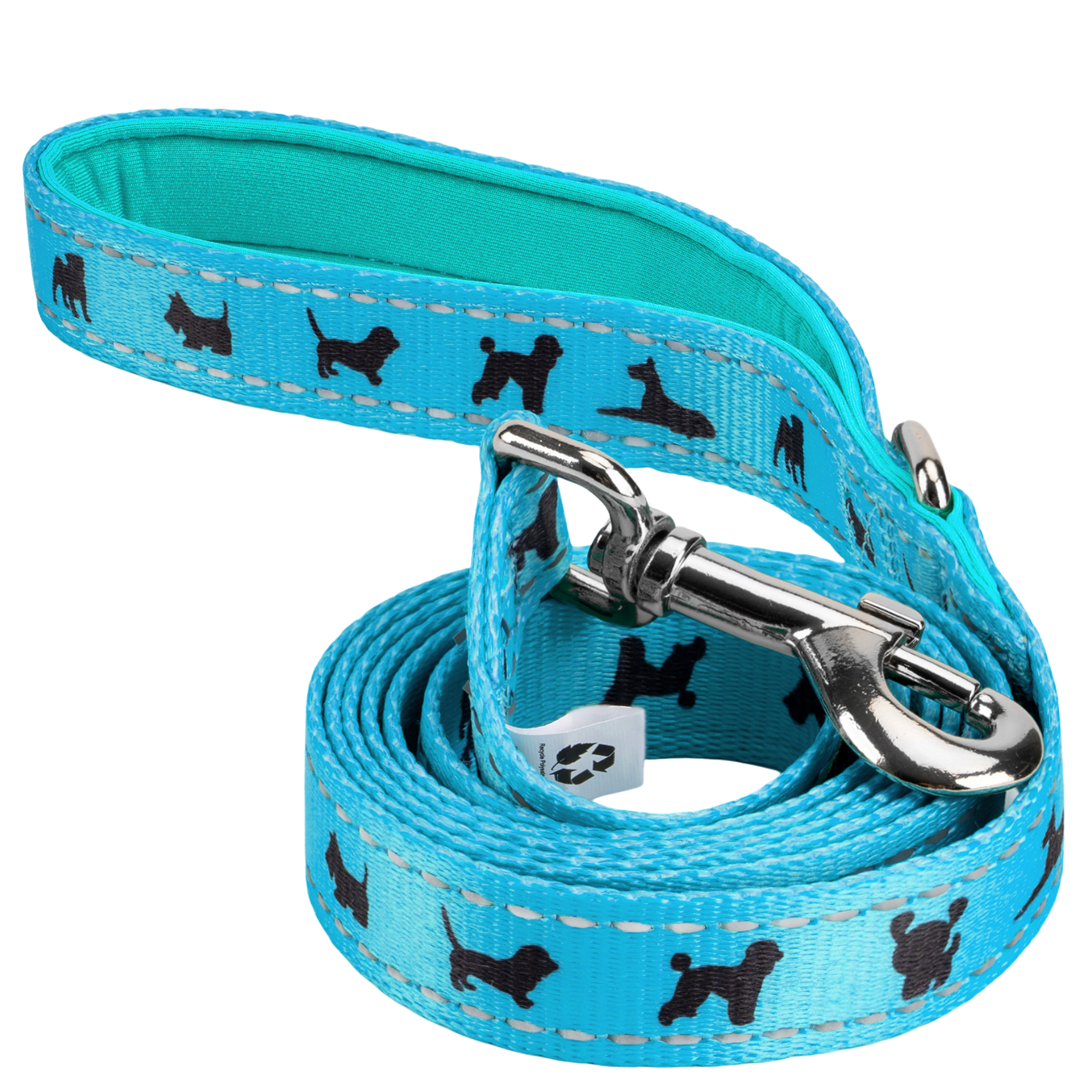 Sky blue EcoBark dog leash with padded comfort grip and black dog pattern, available in 4, 5, and 6-foot lengths.