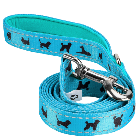 Sky blue EcoBark dog leash with padded comfort grip and black dog pattern, available in 4, 5, and 6-foot lengths.