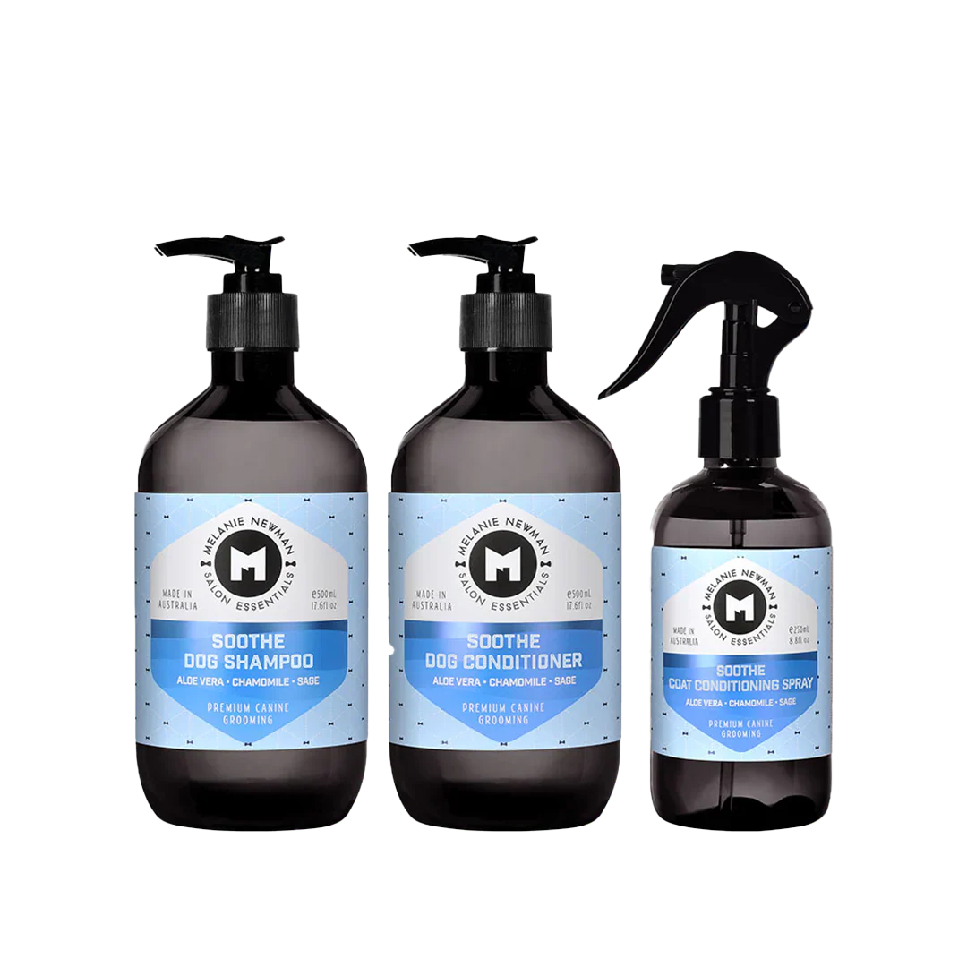 Soothe Shampoo 500ml, Conditioner 500ml, Spray 250ml by Melanie Newman professional dog grooming tool Southlake Paws