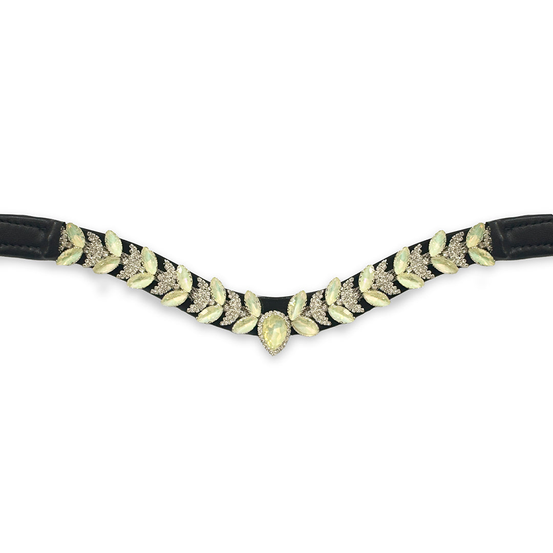 Holographic Ultra Bling Horse Browband by Southlake Paws featuring a black base adorned with sparkling leaf-shaped crystals.