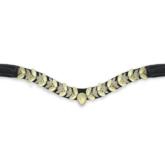 Holographic Ultra Bling Horse Browband by Southlake Paws featuring a black base adorned with sparkling leaf-shaped crystals.