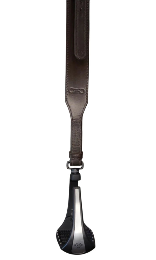 Stable Ride Stirrup Leathers by Southlake Paws feature a sleek brown leather strap with a durable black stirrup attachment.