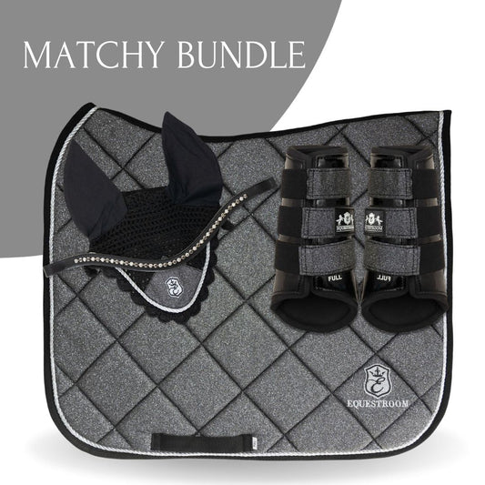 Stardust Grey Saddle Pad Set by Southlake Paws, featuring a quilted saddle pad, ear bonnet, and matching boots.