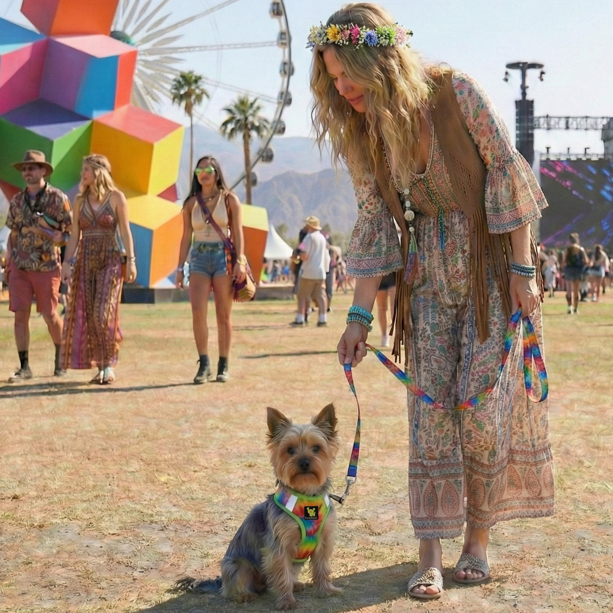 Tie Dye Dog Leash by EcoBark shown in use, featuring a woman in a bohemian outfit walking a small dog at an outdoor festival.