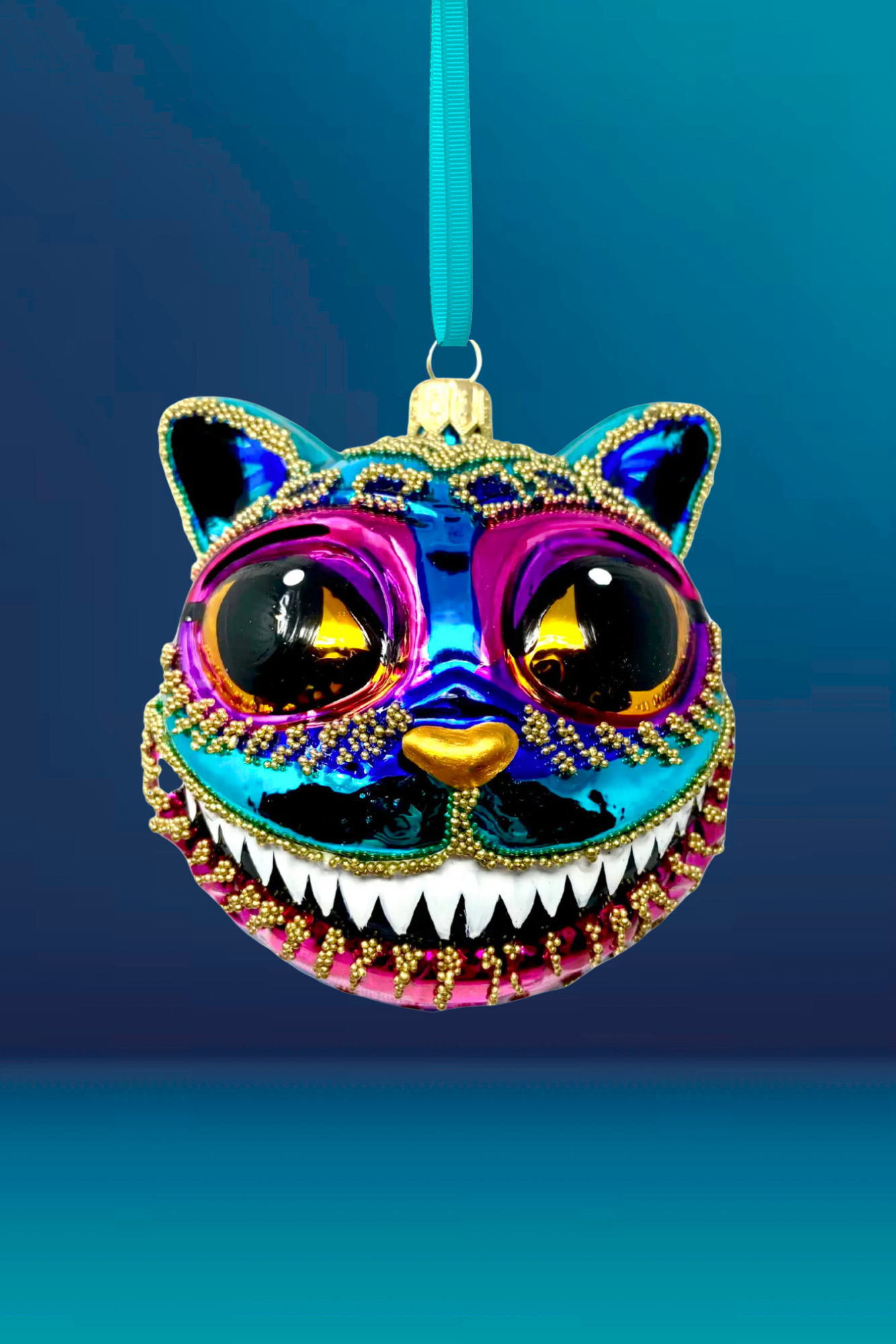 Teal Cheshire Cat Glass Ornament 