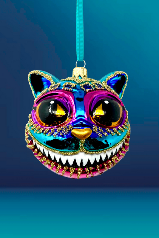 Teal Cheshire Cat Glass Ornament 