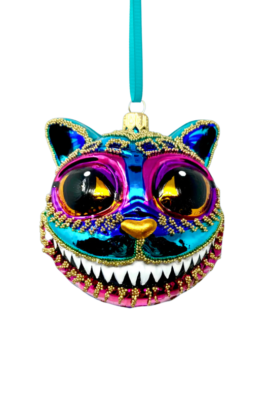 Teal Cheshire Cat Glass Ornament 