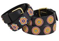 Southlake Paws TKC Primary Circles Belt Wide features a black leather design with colorful circular patterns and a brass buck