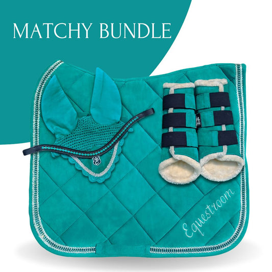 Teal Saddle Pad Set by Southlake Paws featuring a quilted saddle pad, ear bonnet, and matching boots.