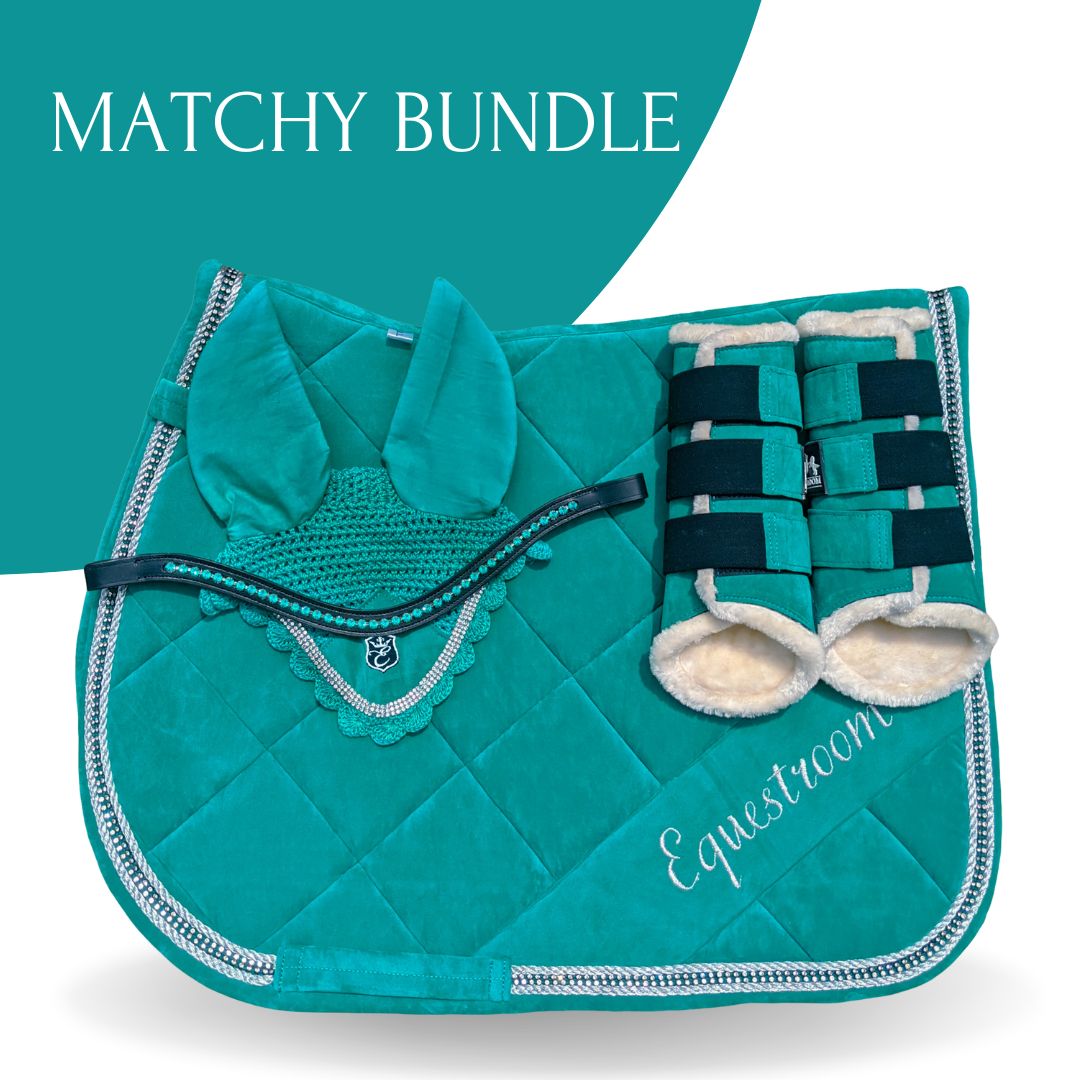Teal Saddle Pad Set by Southlake Paws featuring a quilted saddle pad, matching ear bonnet, and protective boots.