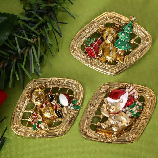 Teddy Bear On Sled Christmas Brooch Pin