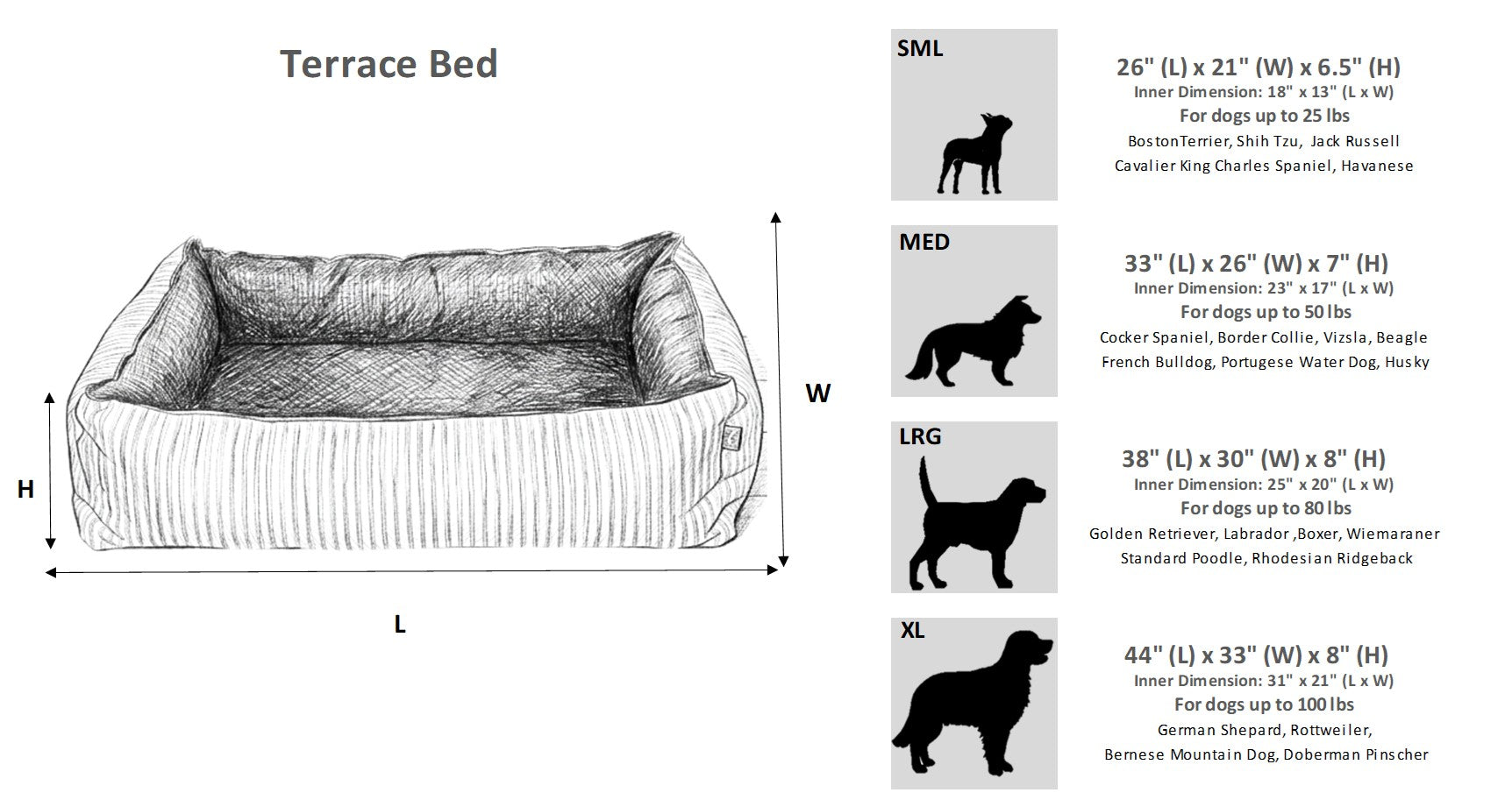Bowsers Terrace Orthopedic Outdoor Dog Bed size chart