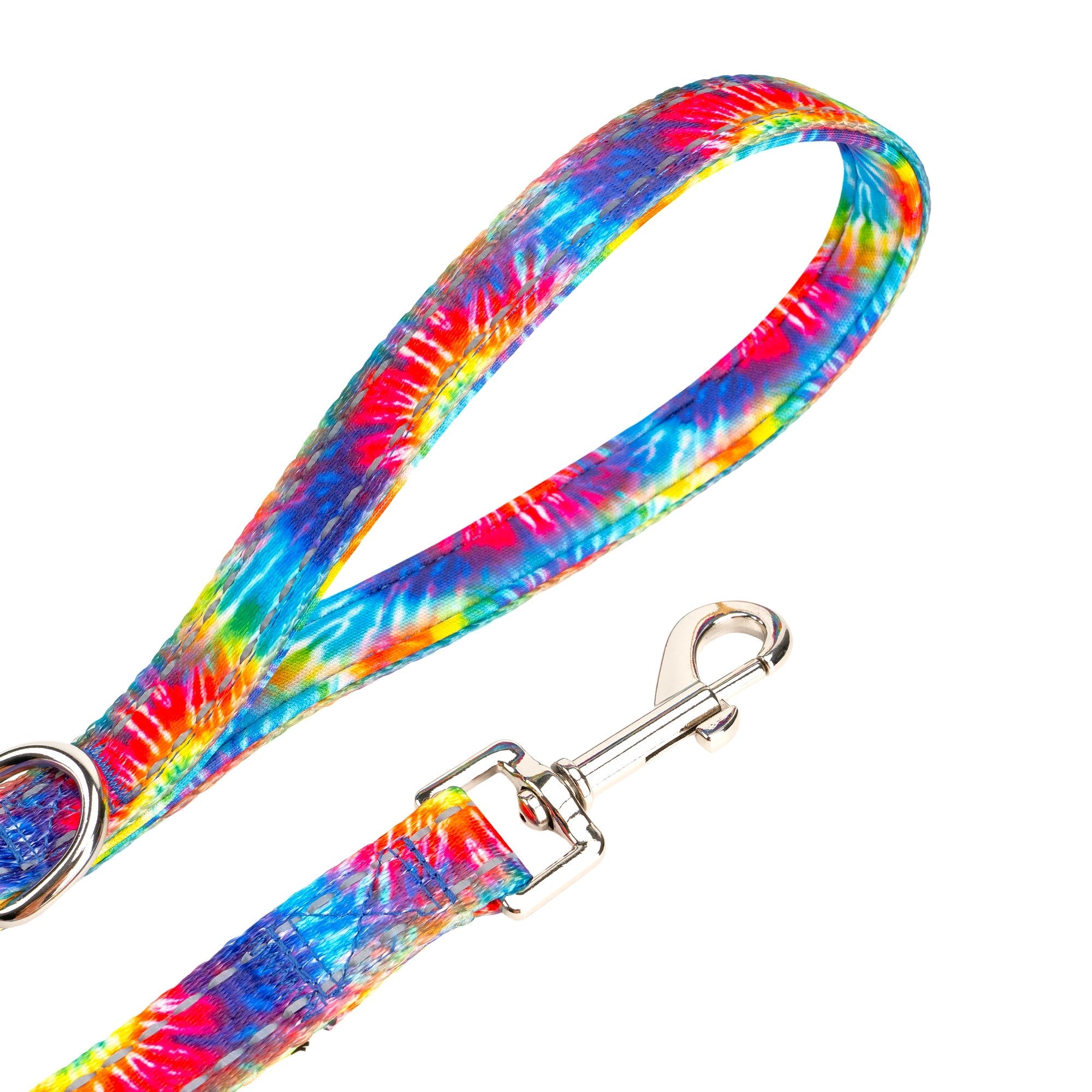 Colorful tie-dye dog leash by EcoBark with a padded comfort grip, featuring a metal clip for attachment. Available in 4ft, 5f