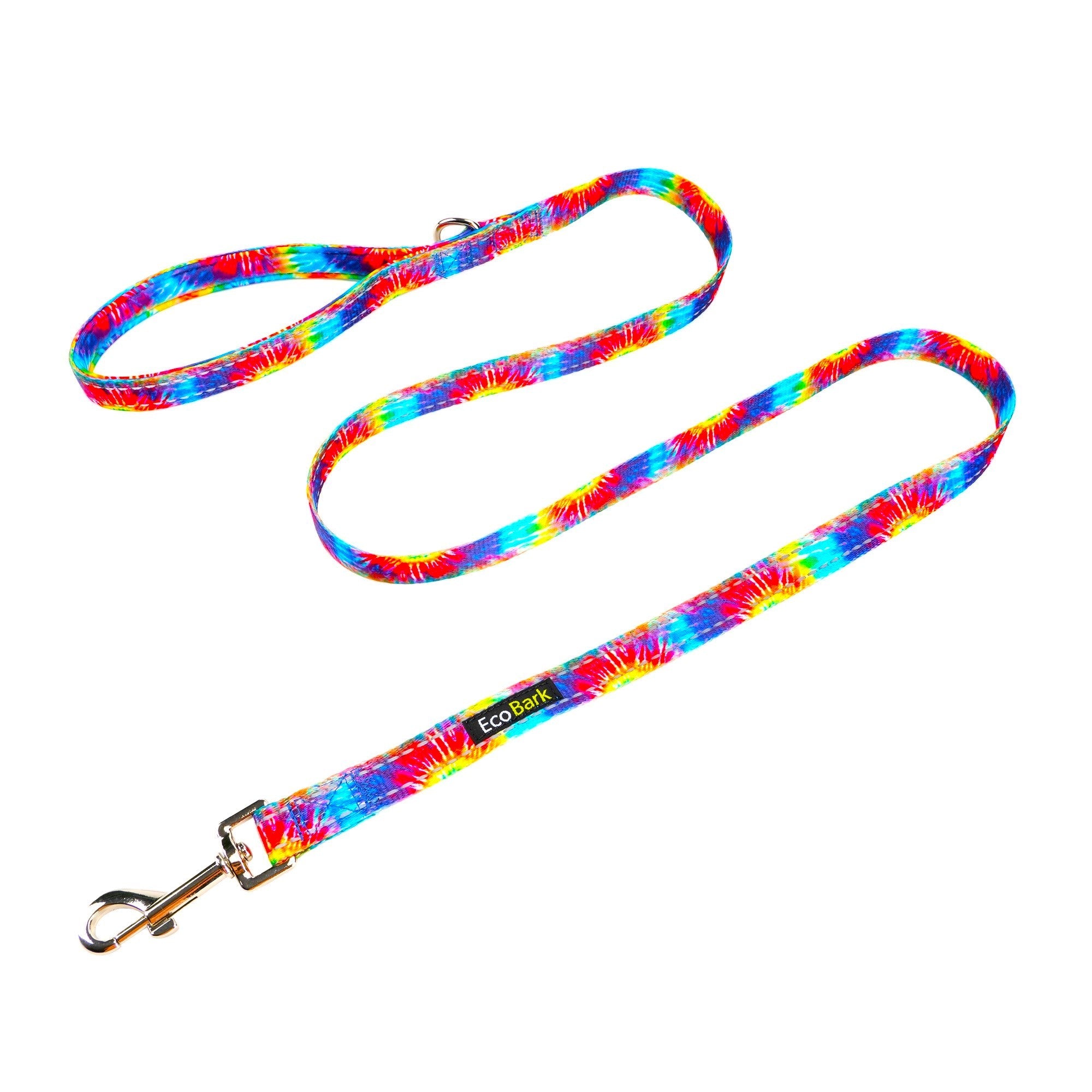 Colorful tie-dye dog leash by EcoBark with padded comfort grip, available in 4ft, 5ft, and 6ft lengths for small and medium d
