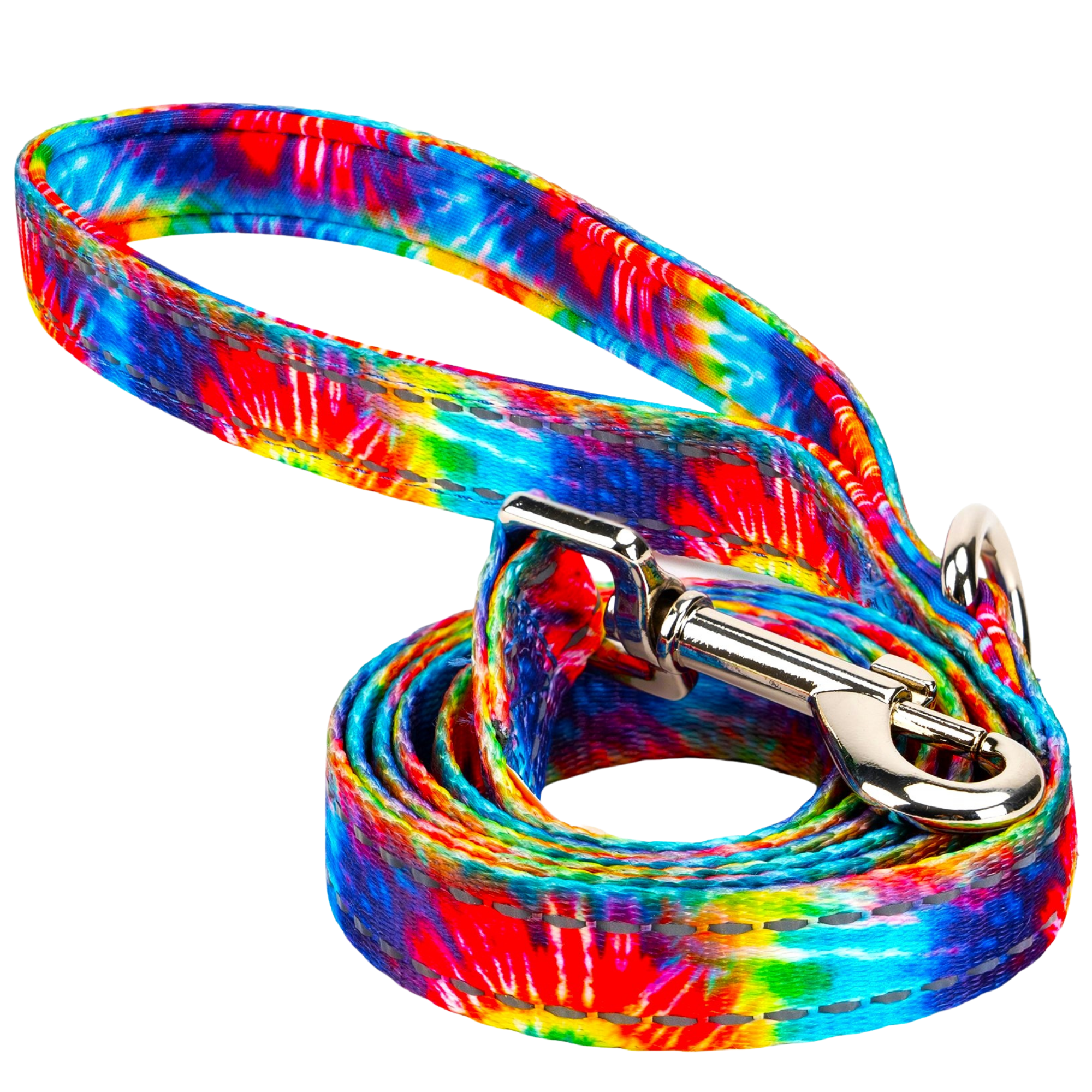 Colorful tie-dye dog leash by EcoBark with padded comfort grip, available in 4ft, 5ft, and 6ft lengths for small and medium d