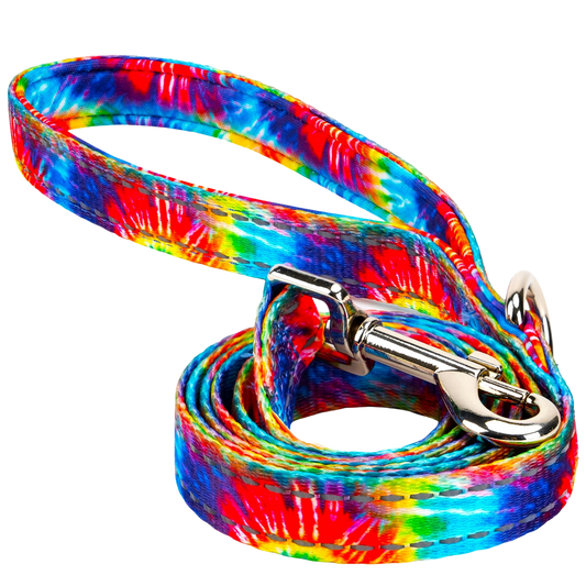 Colorful tie-dye dog leash by EcoBark with padded comfort grip, available in 4ft, 5ft, and 6ft lengths for small and medium d