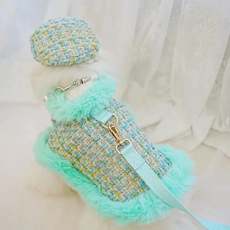 Tres Chic Aqua Tweed Dog Coat, Hat & Leash Set - Southlake Paws