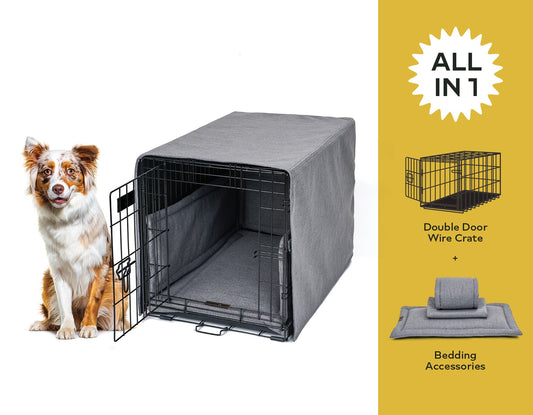 Southlake Paws All in 1 Crate Kit Set includes a wire crate and bedding accessories, with a dog beside it.