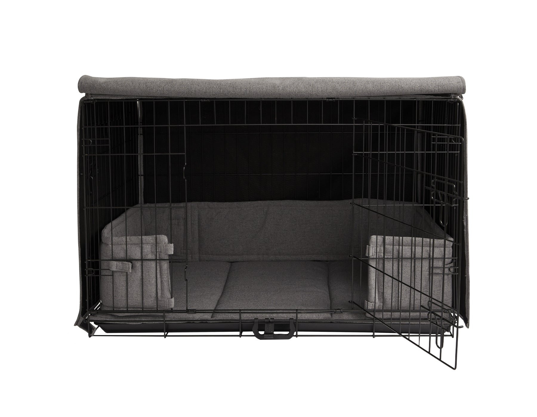 Southlake Paws All in 1 Crate Kit Set includes a wire crate with a soft gray cover and padded bedding for comfort.