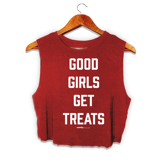 Red crop top with white text reading "GOOD GIRLS GET TREATS," designed for dog moms and lovers, made in the USA.