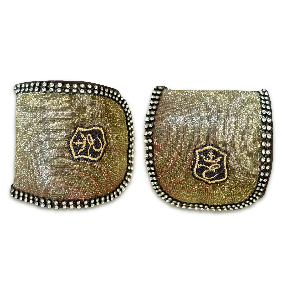 Southlake Paws Astris Polo Wraps featuring a shimmering gold design with decorative rhinestones and embroidered logos.