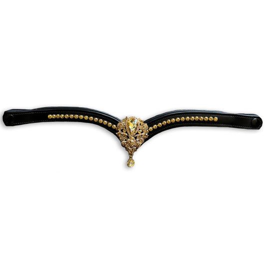 Champagne Ultra Bling Horse Browband by Southlake Paws featuring a black leather base adorned with sparkling gold and clear c
