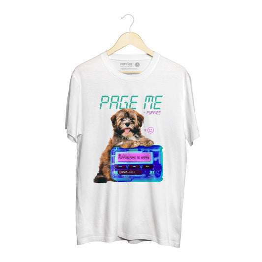 White soft cotton uni-sex tee featuring a cute puppy with a retro pager graphic and the text "PAGE ME - PUPPIES."