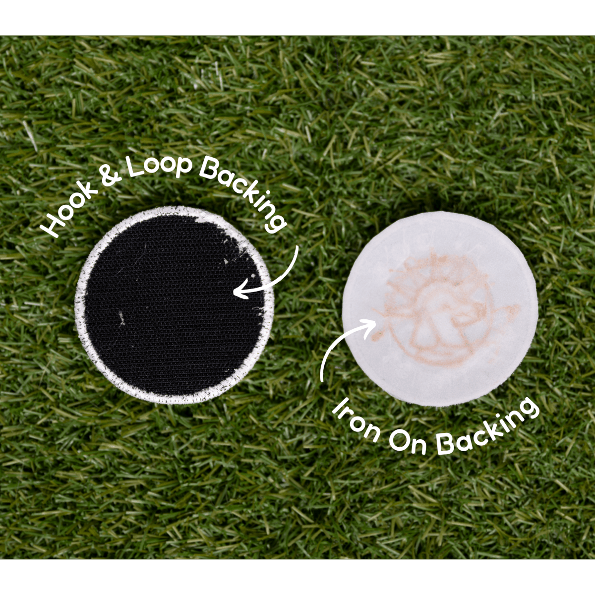 Southlake Paws Baller Patch features hook and loop backing on one side and iron-on backing on the other, shown on grass.
