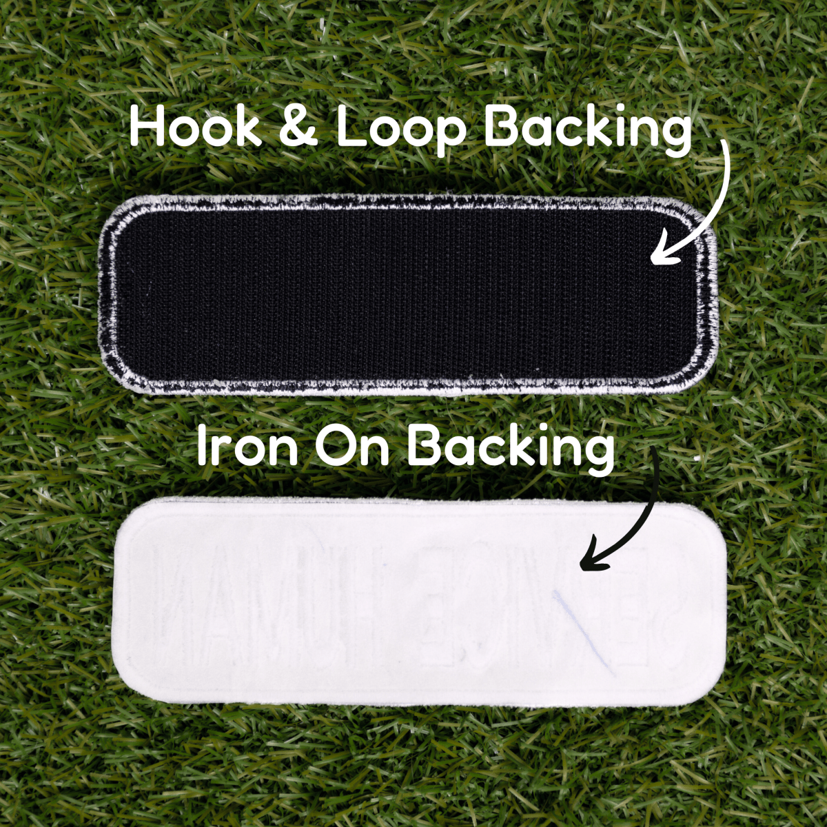 Southlake Paws Please Pet Me Patch with hook & loop and iron-on backing, displayed on green grass background.