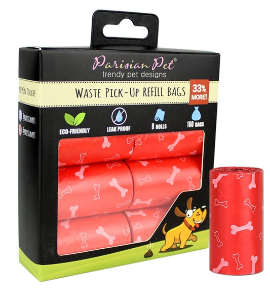 Parisian Pet 'Bones Design' Waste Bags - Strong, Convenient, Leak-Proof Dog & Cat Waste Bags, Eco-Friendly, Red