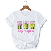 Coquette Dill With It Funny T-Shirt, Pink Bow Pickle Lover White Tee for Cute and Quirky Style Fans 