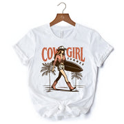 Cowgirl Summer Surf T-Shirt, Retro Western Beach White and Natural Tee for Free-Spirited Women 