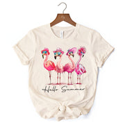 Flamingo Hello Summer T-Shirt, White and Natural Retro Tee with Tropical Birds 