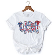 Floral USA Patriotic T-Shirt, 4th of July White, Natural and Black Tee for Stylish Women 